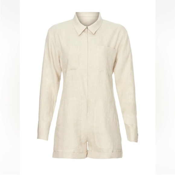 Rivet Utility Linen Romper/Oatmeal Line Beige/long sleeve/ Pocket Front - Picture 8 of 14